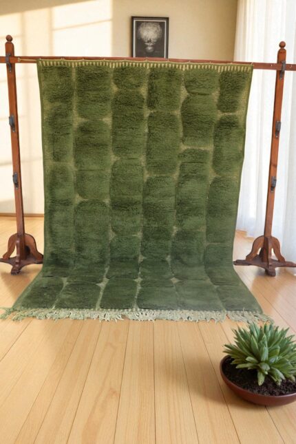 Olive Green Mrirt Moroccan Rug – Handwoven Wool, 305x205 cm – Contemporary Grid Design
