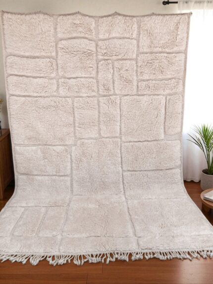 Ivory Mrirt Moroccan Rug – Handwoven Wool, 304x215 cm – Minimalist Textured Grid Design