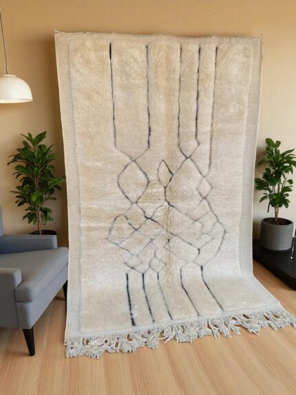 Modern Mrirt Moroccan Wool Rug - Hand-Knotted Geometric Berber Carpet - Cream & Charcoal - 260x170 cm