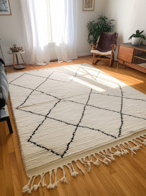Generate a high-quality, relevant image prompt for an article about: Clean Moroccan Rug: Effortless