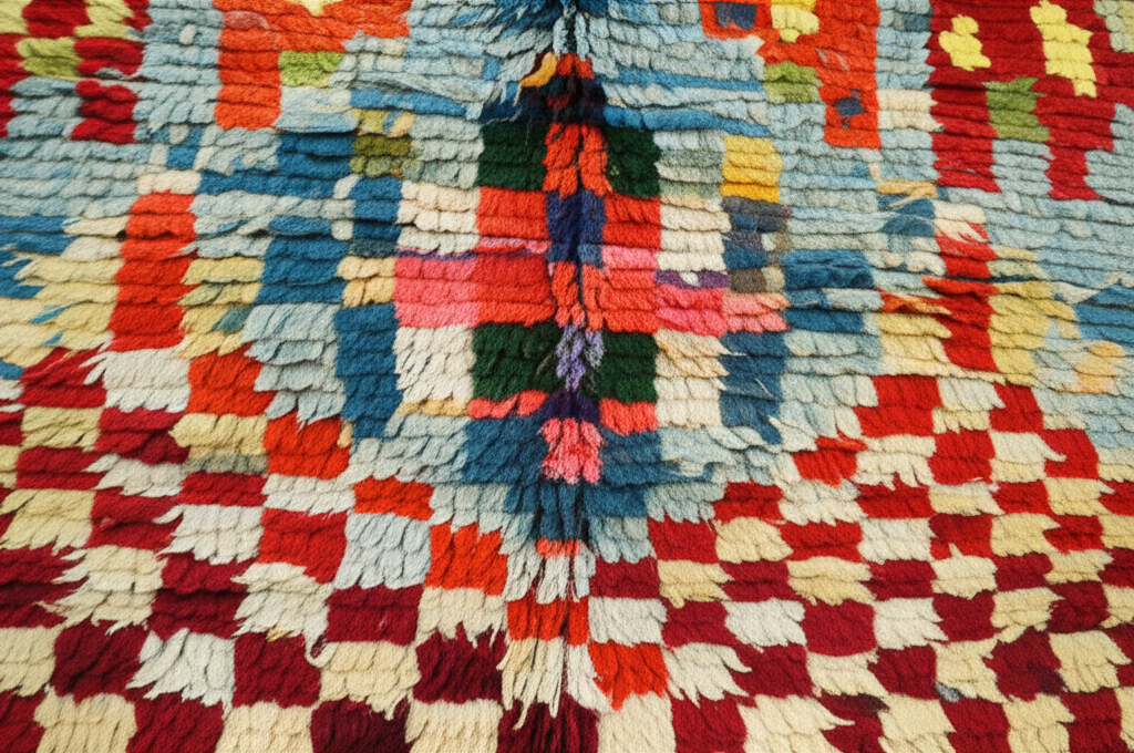 Generate a high-quality, relevant image prompt for an article about: Moroccan Rugs: Stunningly Handm