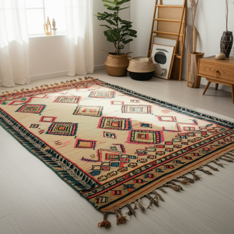 Generate a high-quality, relevant image prompt for an article about: Moroccan Rugs: Find Affordable